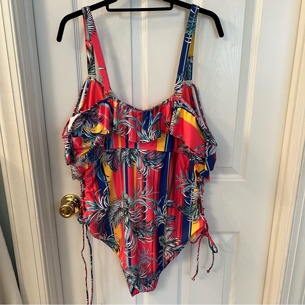XOXO One Piece Swimsuit Coral Pink Stripe w/Palms Sz 2X - Picture 9 of 12